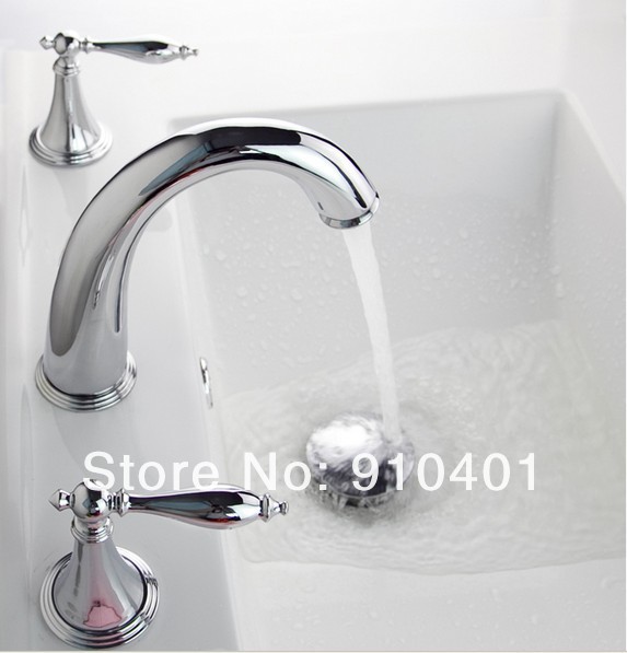 Wholesale And Retail Promotion Deck Mounted Widespread Chrome Brass Bathroom Basin Faucet Dual Handle Mixer Tap