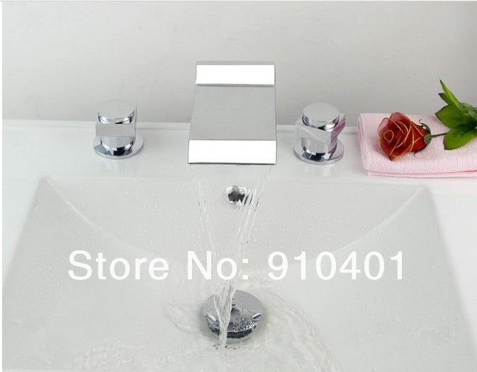 Wholesale And Retail Promotion Deck Mounted Widespread Waterfall Bathroom Basin Faucet Dual Handles Mixer Tap