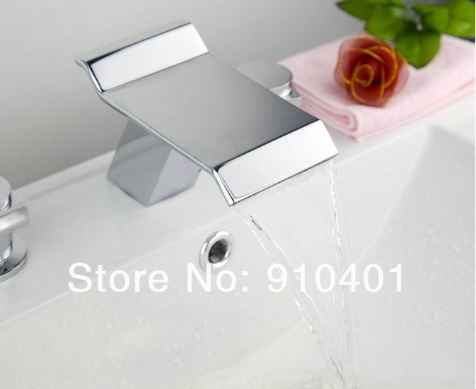 Wholesale And Retail Promotion Deck Mounted Widespread Waterfall Bathroom Basin Faucet Dual Handles Mixer Tap
