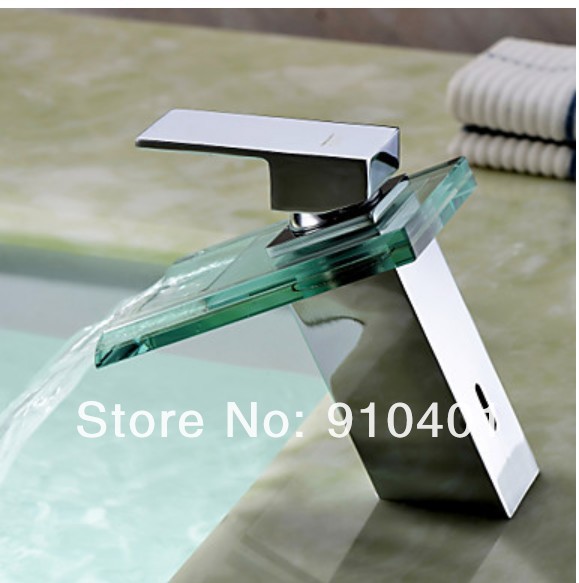 Wholesale And Retail Promotion  NEW Chrome Brass Square Bathroom Basin Faucet Single Lever Waterfall Glass Spout
