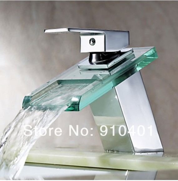 Wholesale And Retail Promotion  NEW Chrome Brass Square Bathroom Basin Faucet Single Lever Waterfall Glass Spout