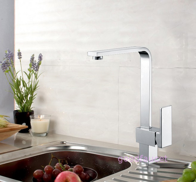 Wholesale And Retail Promotion  NEW Chrome Solid Brass Kitchen Sink Faucet Swivel Spout Square Vessel Mixer Tap