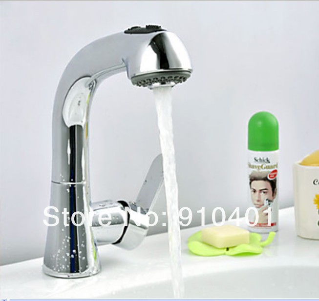 Wholesale And Retail Promotion  NEW Polished Chrome Brass Pull Out Bathroom Basin Faucet Dual Spouts Mixer Tap