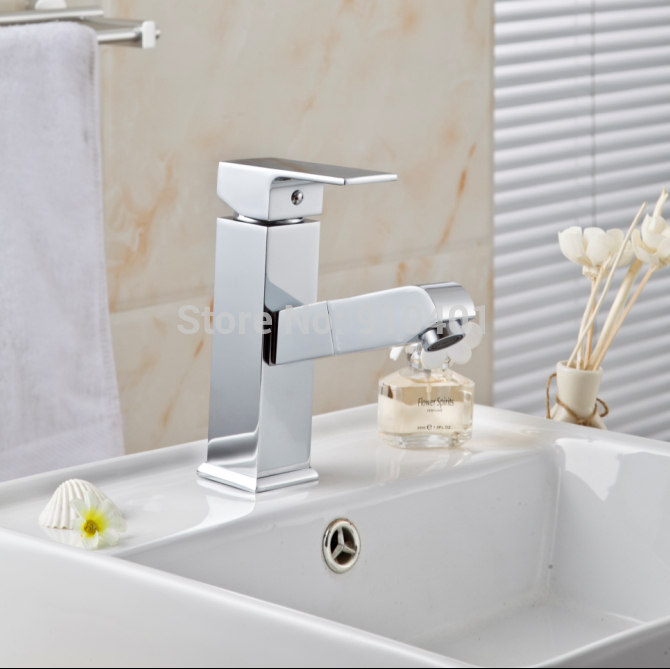 Wholesale And Retail Promotion NEW Pull Out Chrome Brass Bathroom Faucet Pull Our Spout Vanity Sink Mixer Tap