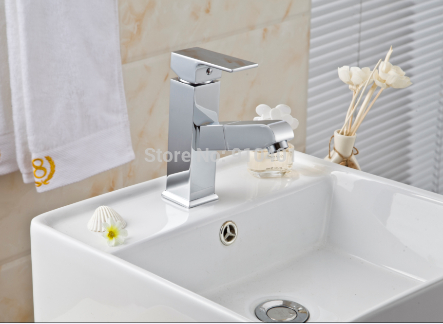 Wholesale And Retail Promotion NEW Pull Out Chrome Brass Bathroom Faucet Pull Our Spout Vanity Sink Mixer Tap