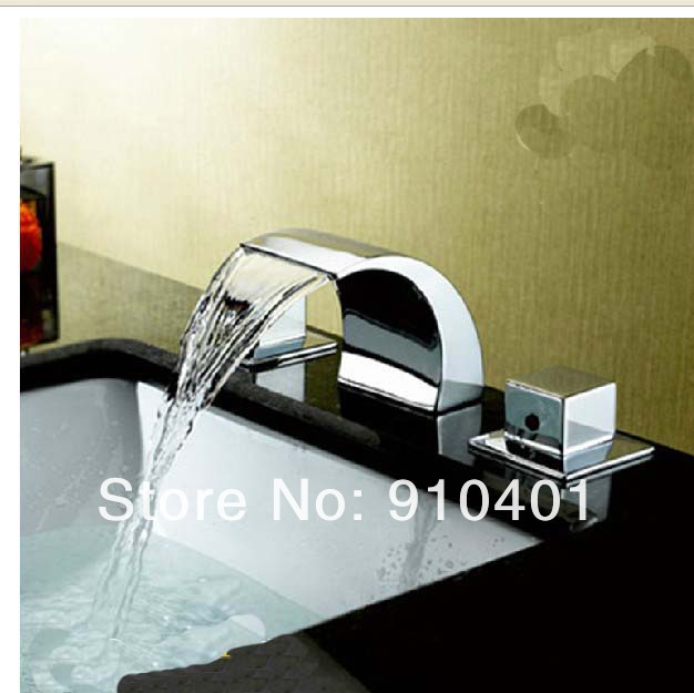 Wholesale And Retail Promotion Polished Chrome Brass Deck Mounted Waterfall Bathroom Faucet Dual Square Handles
