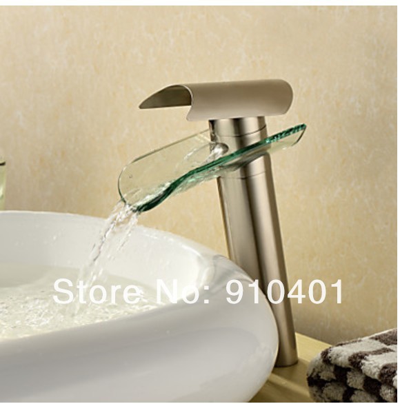 Wholesale And Retail Promotion Tall Style Brushed Nickel Waterfall Bathroom Faucet Sink Mixer Tap Glass Spout