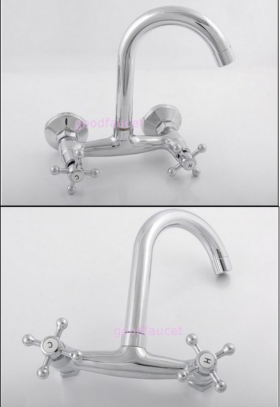 Wholesale And Retail Promotion  Wall Mounted Kitchen Sink Bar Faucet Mixer Tap Dual Cross Handles Swivel Spout