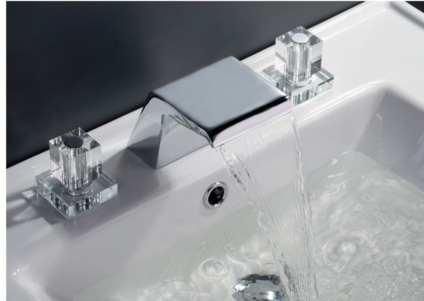 Wholesale And Retail Promotion  Widespread Crystal Dual Handles Bathroom Waterfall Basin Faucet Chrome Mixer Tap