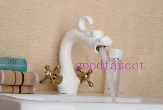 Wholesale And Retail White Solid Brass Bathroom Basin Tap Sink Vessel Faucet Dragon Mixer Deck Mounted Faucet Tap