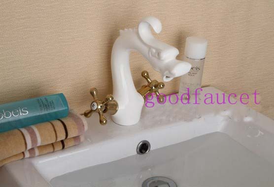 Wholesale And Retail White Solid Brass Bathroom Basin Tap Sink Vessel Faucet Dragon Mixer Deck Mounted Faucet Tap