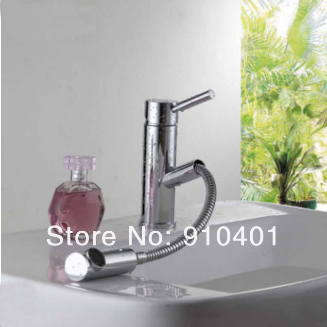 Wholesale and retail Promotion Deck Mounted Chrome Brass Pull Out Bathroom Basin Faucet Single Handle Mixer Tap