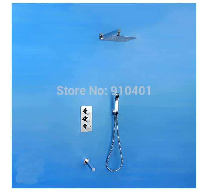 Wholesale And Retail Promotion Large Square 16" Rain Shower Faucet Set 3 Handles Thermostatic Valve Tub Spout
