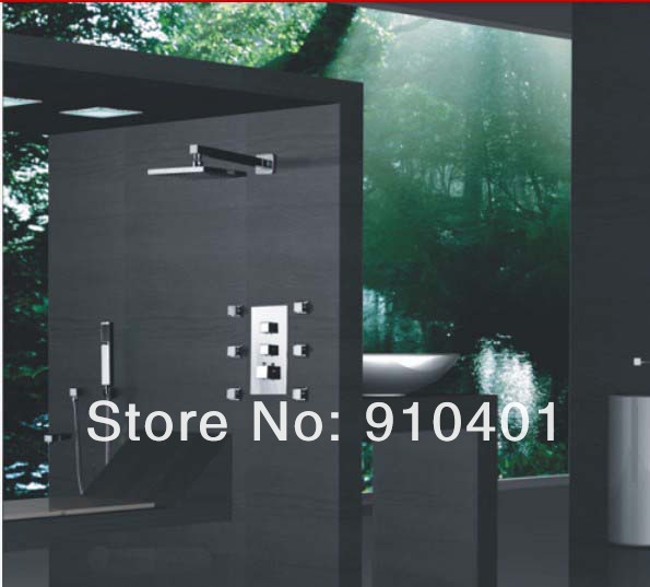 Wholesale And Retail Promotion NEW Luxury 16" (40cm) Rain Thermostatic Shower Faucet Set 6 Massage Jets Sprayer
