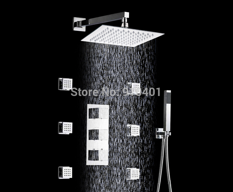 Wholesale And Retail Promotion Thermostatic 16" Square Rain Shower Faucet Set 3 Handles Valve Mixer Tap Chrome
