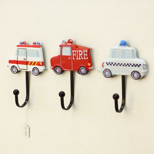 3pcs/lot Vintage Style Emergency car design Iron Hook Hand-painted Resin Hook High Quality coat robe hooks for Home Decoration