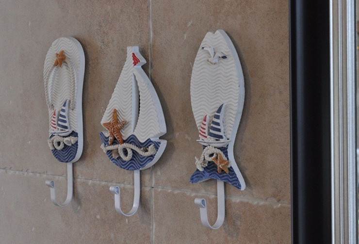Mediterranean Style Blue and white slippers sailing boat door robe hooks wooden clothes towel hook wall hook