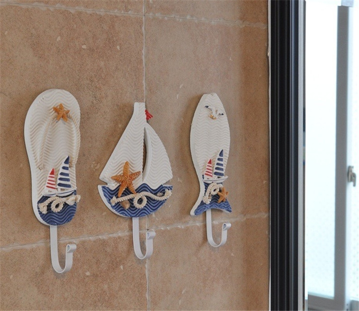 Mediterranean Style Blue and white slippers sailing boat door robe hooks wooden clothes towel hook wall hook