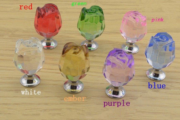 10pcs 30mm Clear Glass Crystal Rose Handles Flower Drawer Furniture Colorful Pull Cabinets  Wholesale