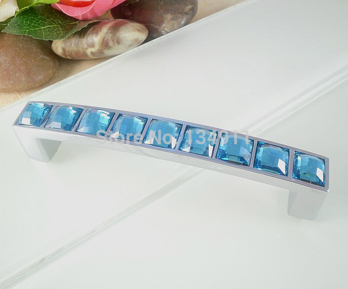 New Style 8pcs 96mm Blue Crystal Drawer Knobs With Blue Glass