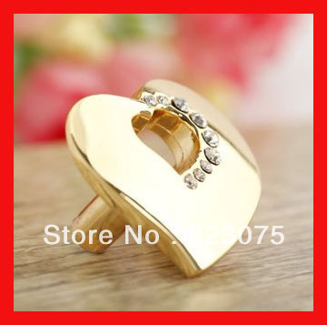 -Gold Love shape crystal handle rheinstone drawer knobs furniture door pull 10pcs/lot