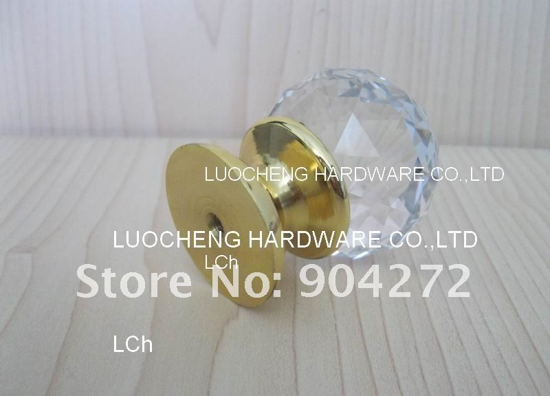 24 PCS/LOT 40MM CLEAR CRYSTAL CABINET KNOB ON A GOLD BRASS BASE