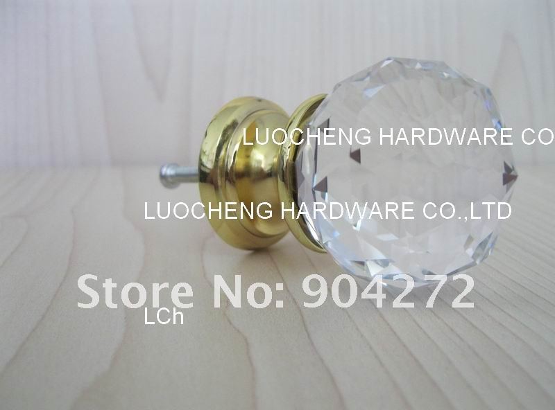 24 PCS/LOT 40MM CLEAR CRYSTAL CABINET KNOB ON A GOLD BRASS BASE