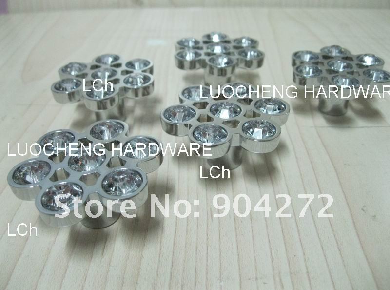 30PCS/ LOT FLOWER CLEAR CRYSTAL KNOBS WITH ALUMINIUM ALLOY CHROME METAL PART