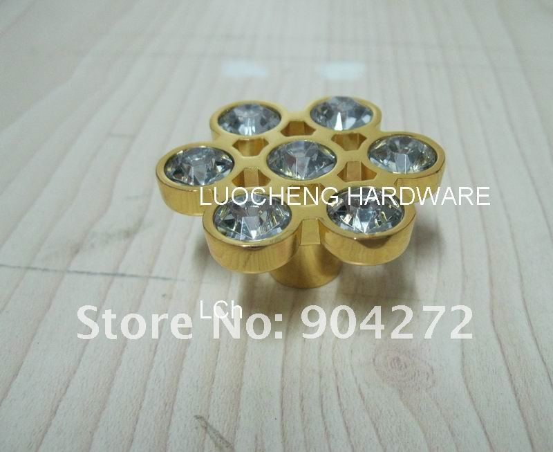 50PCS/ LOT FLOWER CLEAR CRYSTAL KNOBS WITH ALUMINIUM ALLOY GOLD METAL PART