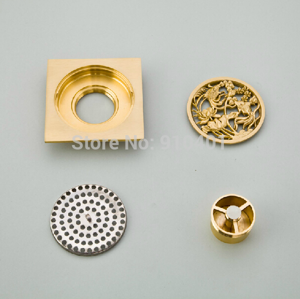 Wholesale And Retail Promotion NEW Golden Brass Art Carved Bathroom Shower Drain Washer Grate Waste Floor Drain