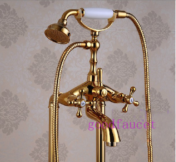 Floor Stand Faucets Telephone Golden Free Standing Bath Tub Faucet Mixer Tap With Handheld Shower Tub Filler