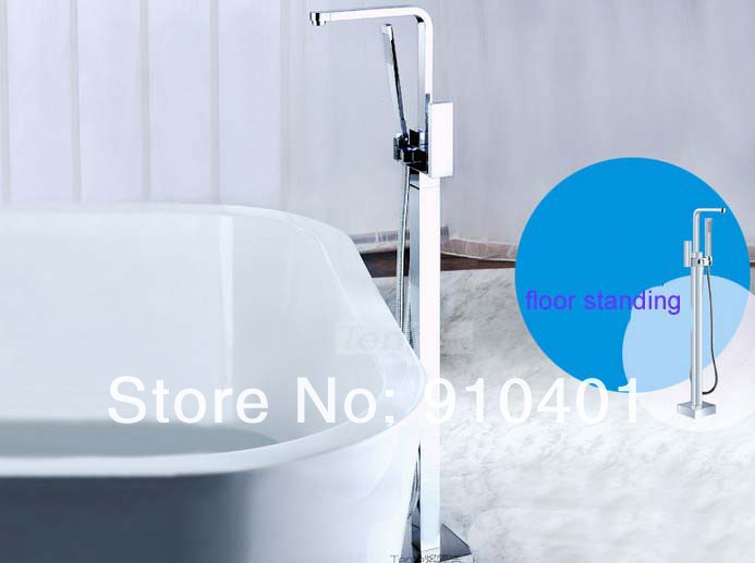 Wholesale And Retail Promotion  Chrome Square Floor Mounted Bathroom Tub Faucet Shower Mixer Tap W/ Hand Shower