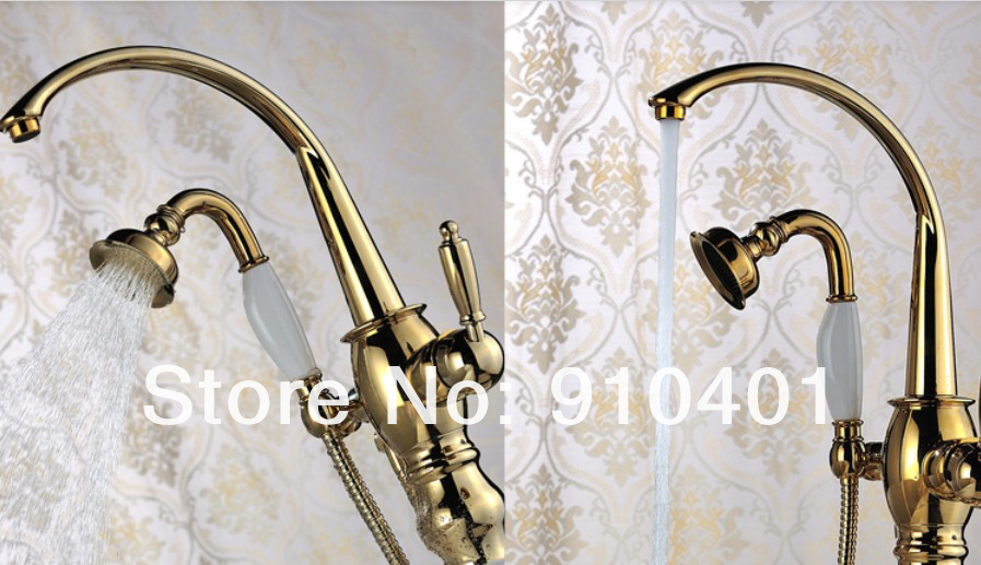 Wholesale And Retail Promotion NEW Golden Floor Mounted Free Standing Bathroom Tub Faucet With Handheld Shower