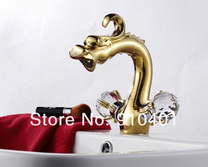 Luxury Polished Golden Bathroom Basin Faucet Ti-PVD Finish With Crystal Handles Dragon Animal Shape