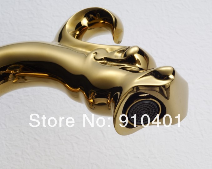 Luxury Polished Golden Bathroom Basin Faucet Ti-PVD Finish With Crystal Handles Dragon Animal Shape