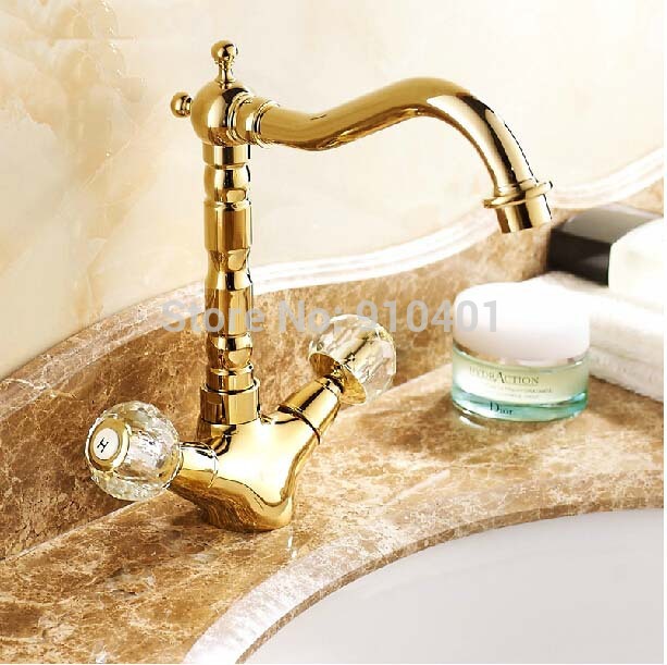 Wholesale And Retail Promotion Deck Mounted Golden Brass Bathroom Basin Faucet Dual Crystal Handles Mixer Tap