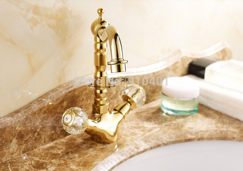 Wholesale And Retail Promotion Deck Mounted Golden Brass Bathroom Basin Faucet Dual Crystal Handles Mixer Tap