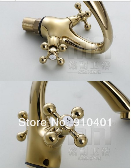 Wholesale And Retail Promotion Deck Mounted Polished Golden Finish Bathroom Basin Faucet Dual Cross Handles Tap