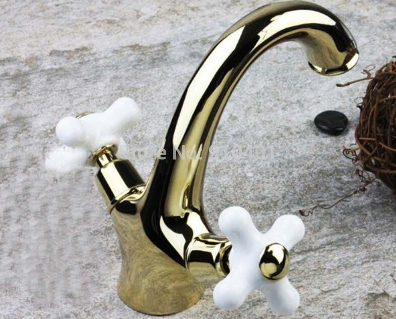 Wholesale And Retail Promotion Golden Brass Bathroom Basin Faucet Dual Ceramic Handles Vanity Sink Mixer Tap