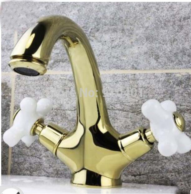Wholesale And Retail Promotion Golden Brass Bathroom Basin Faucet Dual Ceramic Handles Vanity Sink Mixer Tap