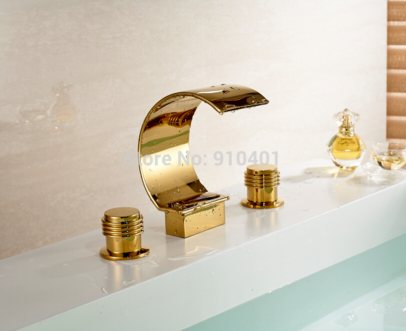 Wholesale And Retail Promotion Golden Brass Bathroom Basin Faucet Dual Handles Vanity Sink Mixer Tap Deck Mount