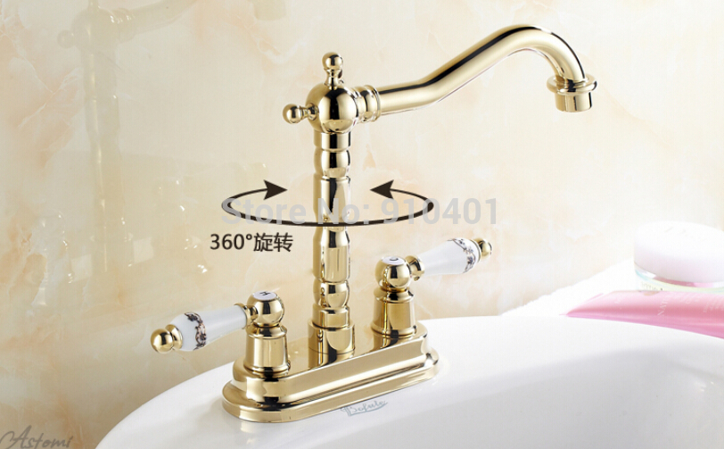 Wholesale And Retail Promotion Golden Brass Deck Mounted Bathroom Basin Faucet Dual Ceramic Hanldes Mixer Tap