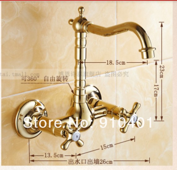 Wholesale And Retail Promotion Golden Brass Wall Mounted Bath Basin Sink Faucet Kitchen Mixer Tap Dual Handles