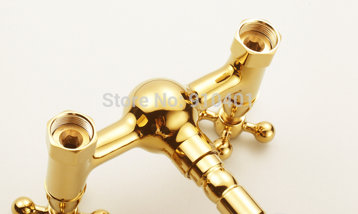 Wholesale And Retail Promotion Golden Brass Wall Mounted Bathroom Basin Faucet Dual Handles Swivel Spout Mixer