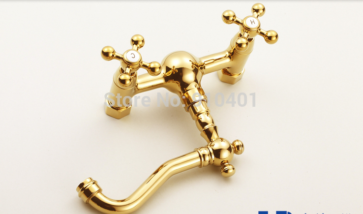 Wholesale And Retail Promotion Golden Brass Wall Mounted Bathroom Basin Faucet Dual Handles Swivel Spout Mixer