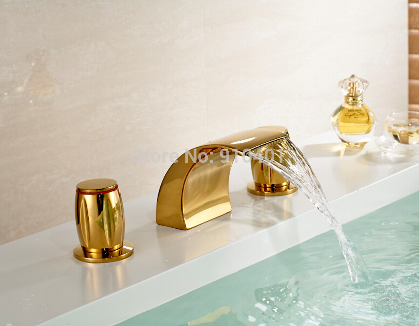 Wholesale And Retail Promotion Golden Brass Widespread Bathroom Basin Faucet Dual Handles Vanity Sink Mixer Tap