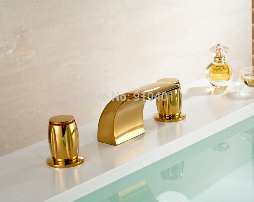 Wholesale And Retail Promotion Golden Brass Widespread Bathroom Basin Faucet Dual Handles Vanity Sink Mixer Tap