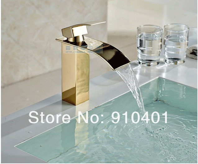 Wholesale And Retail Promotion Golden Finish Brass Waterfall Bathroom Basin Faucet Single Lever Sink Mixer Tap