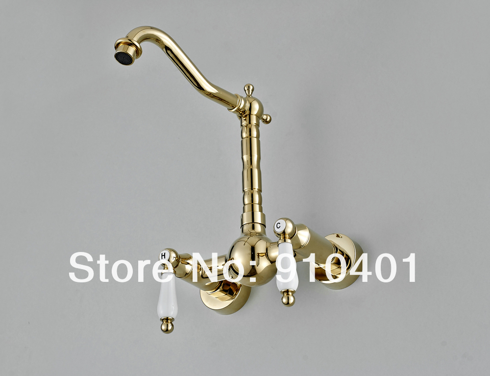 Wholesale And Retail Promotion  Golden Wall Mounted Bathroom Basin Faucet Dual Ceramic Handles Sink Mixer Tap