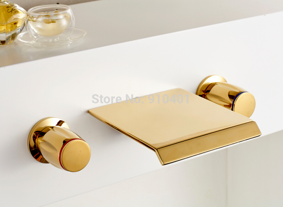 Wholesale And Retail Promotion Luxury Golden Ti-PVD Bathroom Waterfall Basin Faucet Dual Handles Sink Mixer Tap